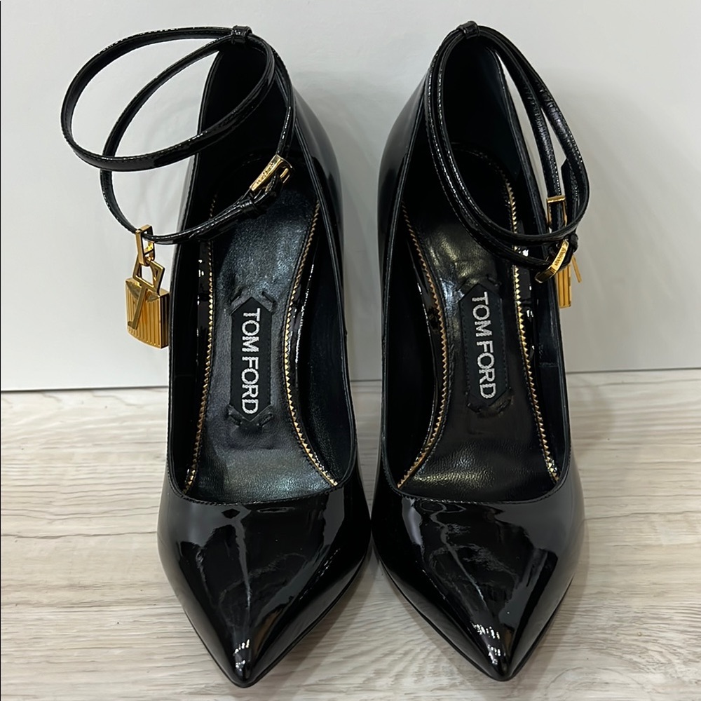 Tom Ford Black and Gold Heels with Patent Leather Finish